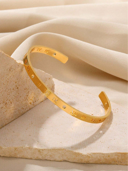 Gold Letter Detail Cuff Bangle | Rhinestone Bracelet | Trendy Vintage-Inspired Statement Jewelry