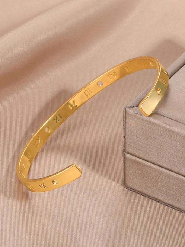 Gold Letter Detail Cuff Bangle | Rhinestone Bracelet | Trendy Vintage-Inspired Statement Jewelry