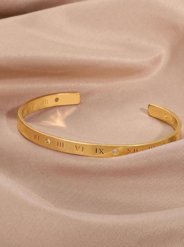 Gold Letter Detail Cuff Bangle | Rhinestone Bracelet | Trendy Vintage-Inspired Statement Jewelry