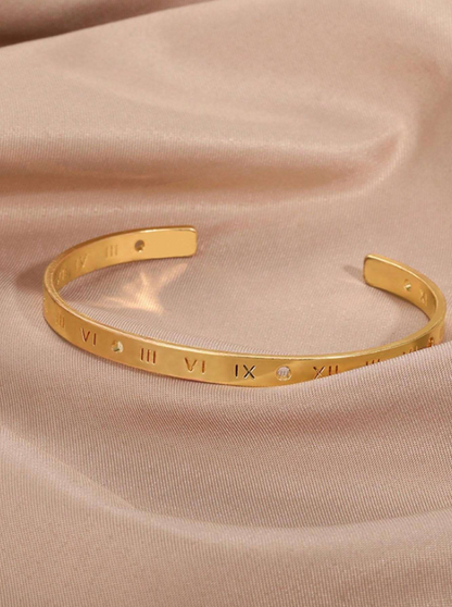 Gold Letter Detail Cuff Bangle | Rhinestone Bracelet | Trendy Vintage-Inspired Statement Jewelry