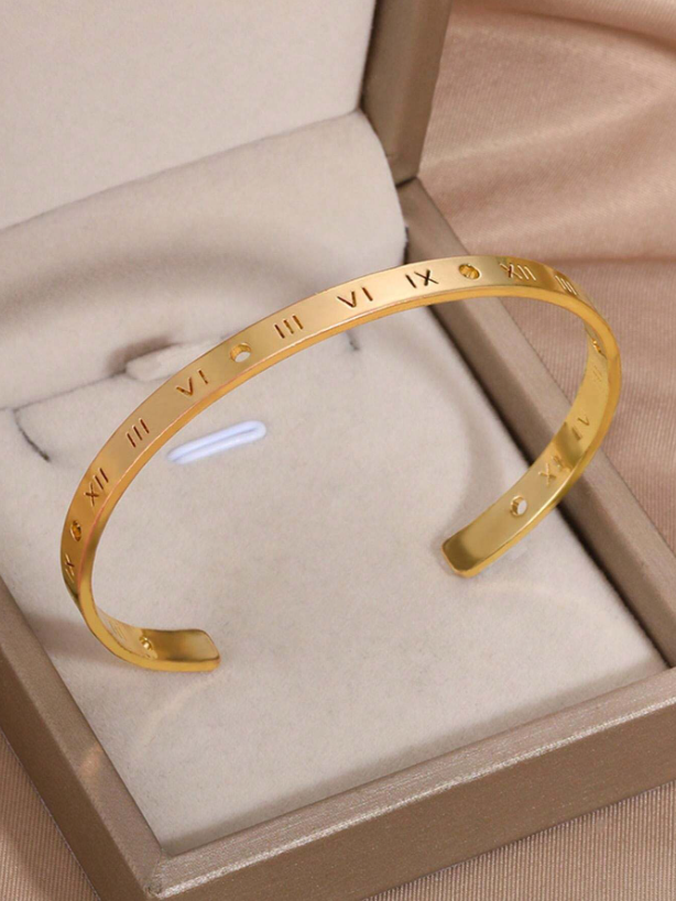 Gold Letter Detail Cuff Bangle | Rhinestone Bracelet | Trendy Vintage-Inspired Statement Jewelry
