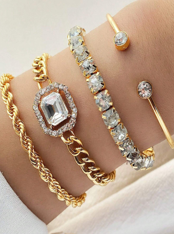 4pcs Retro Twisted Bangle & Rhinestone Bracelet Set | Punk Chain Layered Jewelry | Trendy Party Accessory
