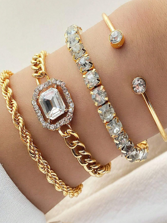 4pcs Retro Twisted Bangle & Rhinestone Bracelet Set | Punk Chain Layered Jewelry | Trendy Party Accessory