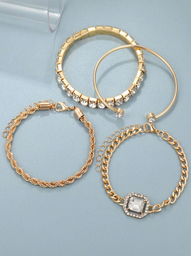 4pcs Retro Twisted Bangle & Rhinestone Bracelet Set | Punk Chain Layered Jewelry | Trendy Party Accessory