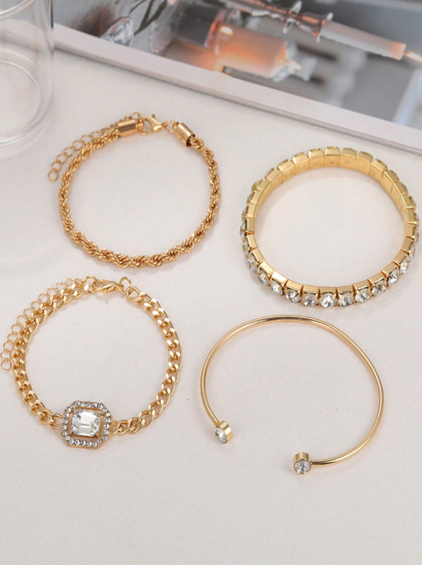 4pcs Retro Twisted Bangle & Rhinestone Bracelet Set | Punk Chain Layered Jewelry | Trendy Party Accessory