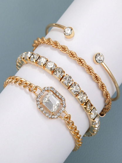 4pcs Retro Twisted Bangle & Rhinestone Bracelet Set | Punk Chain Layered Jewelry | Trendy Party Accessory