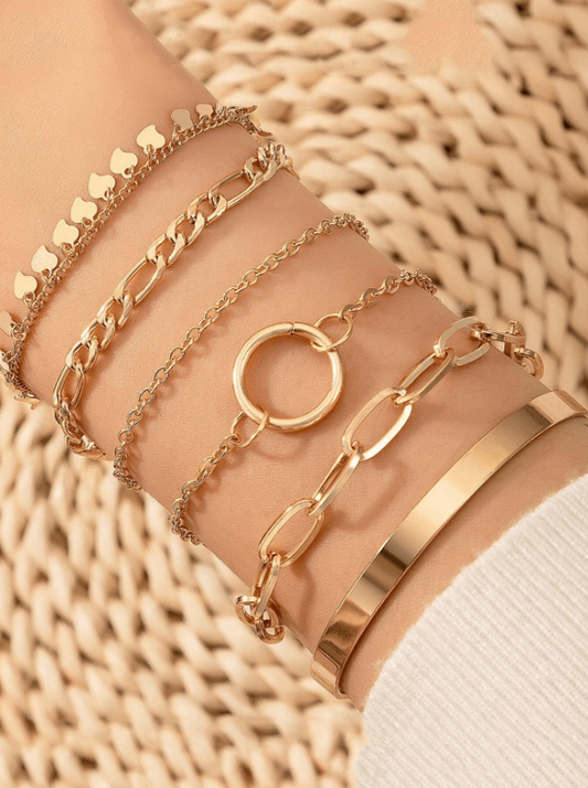 6pcs/Set Gold Geometric & Leaf Shaped Chunky Chain Bracelet Set | Trendy Boho Layered Wrist Jewelry