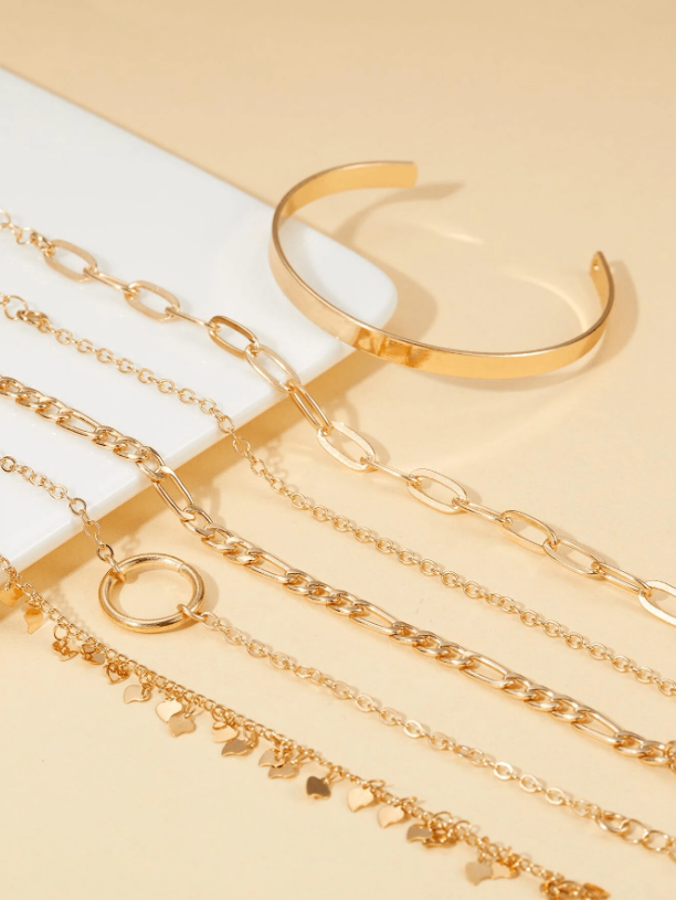 6pcs/Set Gold Geometric & Leaf Shaped Chunky Chain Bracelet Set | Trendy Boho Layered Wrist Jewelry