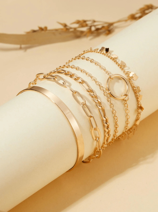 6pcs/Set Gold Geometric & Leaf Shaped Chunky Chain Bracelet Set | Trendy Boho Layered Wrist Jewelry