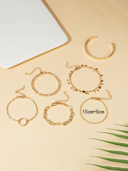 6pcs/Set Gold Geometric & Leaf Shaped Chunky Chain Bracelet Set | Trendy Boho Layered Wrist Jewelry
