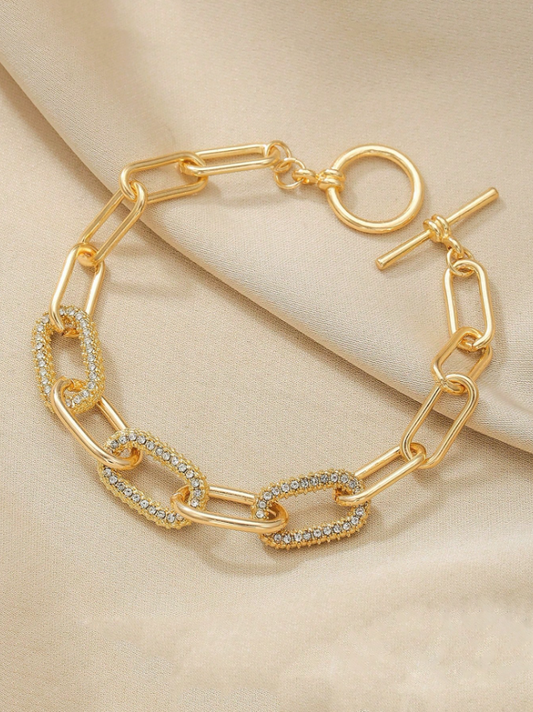1PC Elegant Rhinestone Oval Chain Bracelet | Minimalist Gold & Silver-Tone Fashion Accessory for Daily Wear