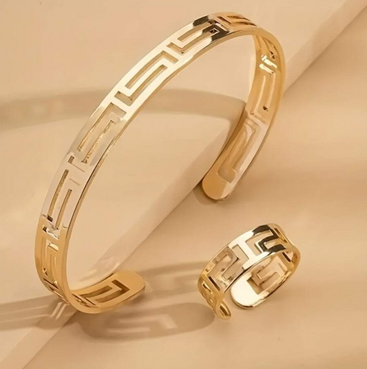 1 Set Fashionable Hollow Out Gold Bangle & Adjustable Ring | Boho Chic Statement Jewelry Set