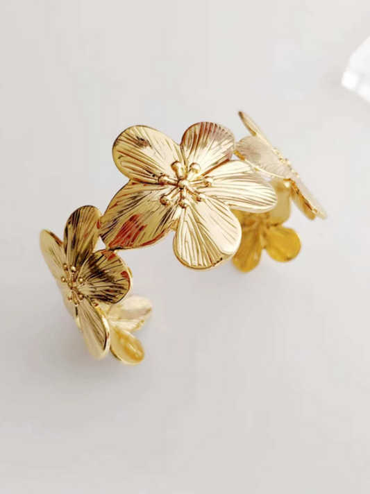Golden Flower Open Cuff Bracelet | Elegant Textured Floral Metal Bangle Jewelry for Daily & Festive Wear