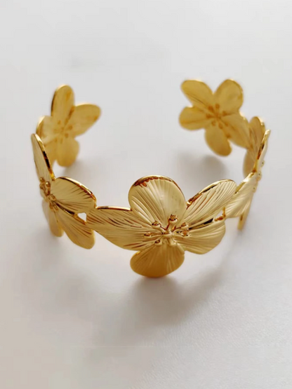Golden Flower Open Cuff Bracelet | Elegant Textured Floral Metal Bangle Jewelry for Daily & Festive Wear
