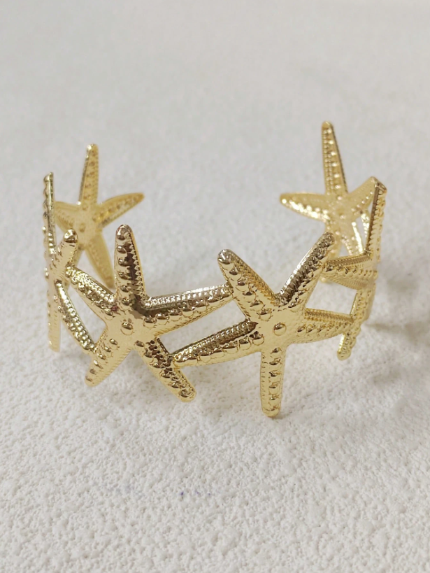 Golden Starfish Open Cuff Bracelet | Elegant Textured Metal Bangle Jewelry for Daily & Beach-Inspired Looks