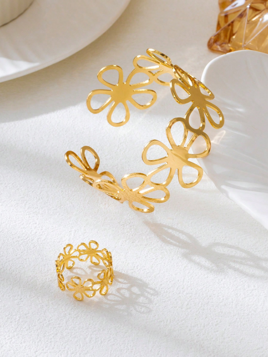 2pcs Minimalist Hollow Flower Bracelet & Ring Set | Chic Gold-Tone Boho Jewelry for Daily, Party & Occasion Wear