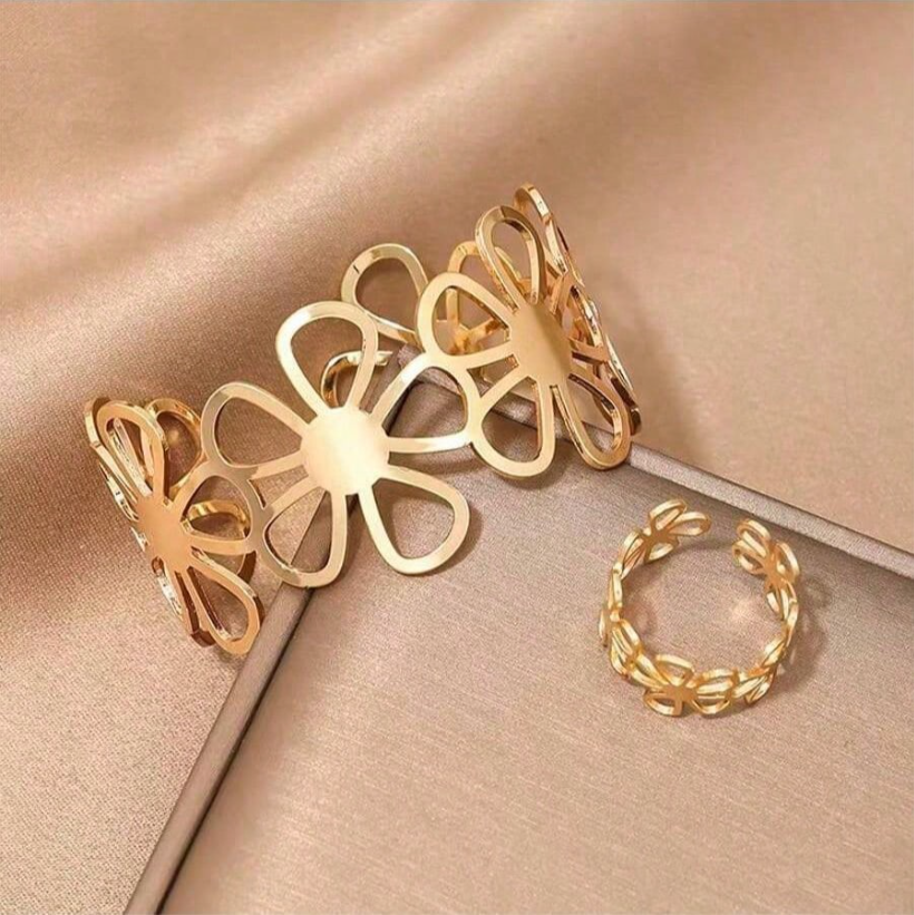 Minimalist Flower Bracelet & Ring Set