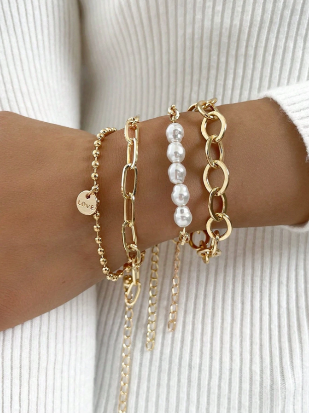 4pcs Set Faux Pearl Decor Chain Bracelets | Layered Gold-Tone Beaded Jewelry for Beach & Daily Wear