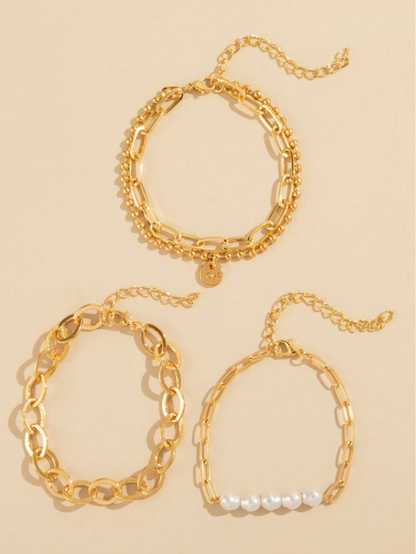 4pcs Set Faux Pearl Decor Chain Bracelets | Layered Gold-Tone Beaded Jewelry for Beach & Daily Wear