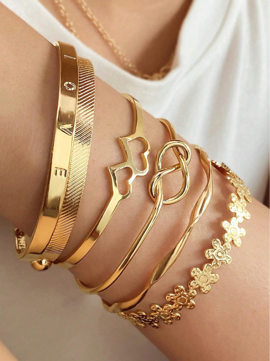 6pcs Set Vintage Multi-Layer Woven Gold Alloy Bracelets | Boho Geometric Textured Stackable Jewelry
