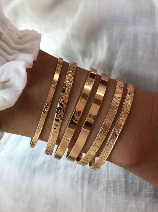 6pcs Set Textured Gold Cuff Bangles | Elegant Geometric Stackable Bracelets