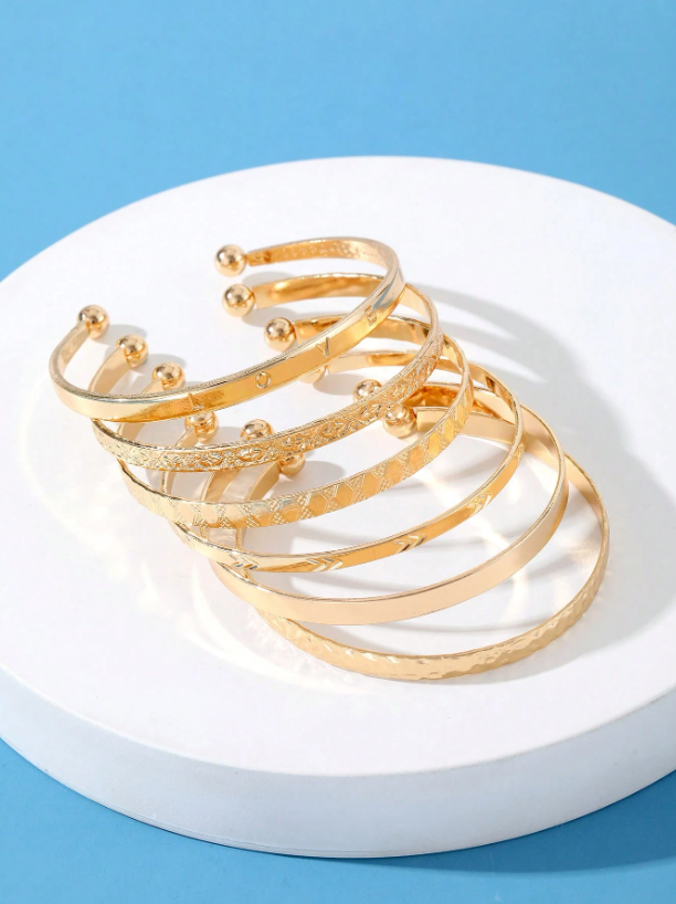 6pcs Set Textured Gold Cuff Bangles | Elegant Geometric Stackable Bracelets