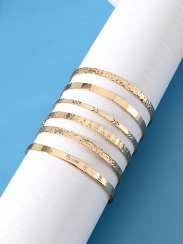 6pcs Set Textured Gold Cuff Bangles | Elegant Geometric Stackable Bracelets