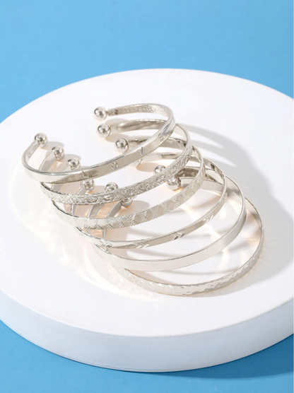 6pcs Set Textured Gold Cuff Bangles | Elegant Geometric Stackable Bracelets