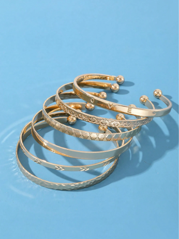 6pcs Set Textured Gold Cuff Bangles | Elegant Geometric Stackable Bracelets