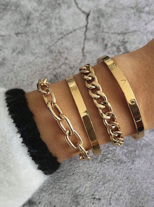 4pcs Asymmetrical Chain Bracelet Set in Gold & Silver | Multi-Element Fashion Bangles