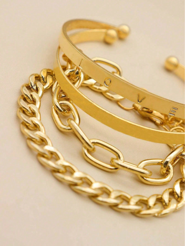 4pcs Asymmetrical Chain Bracelet Set in Gold & Silver | Multi-Element Fashion Bangles