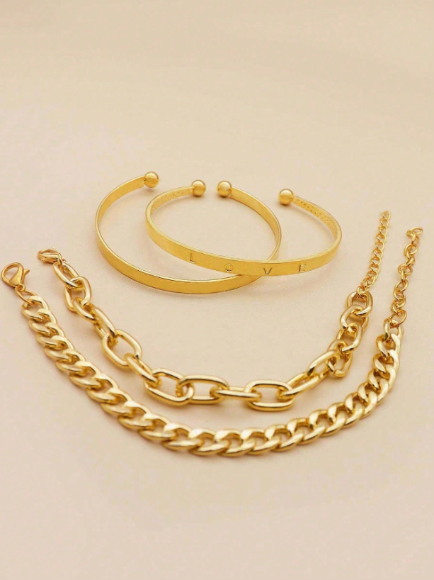 4pcs Asymmetrical Chain Bracelet Set in Gold & Silver | Multi-Element Fashion Bangles