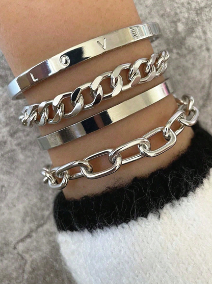 4pcs Asymmetrical Chain Bracelet Set in Gold & Silver | Multi-Element Fashion Bangles