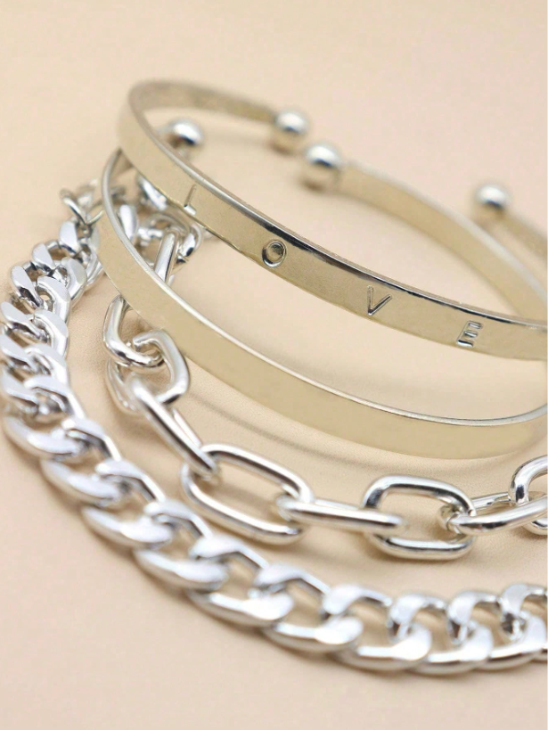4pcs Asymmetrical Chain Bracelet Set in Gold & Silver | Multi-Element Fashion Bangles