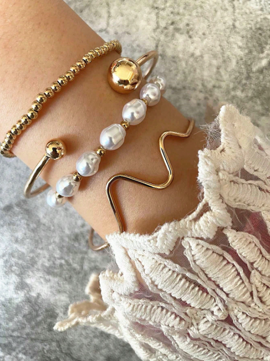 4pcs Asymmetrical Chain Beaded Bracelet Set in Gold & Silver | Faux Pearl Stackable Bangles