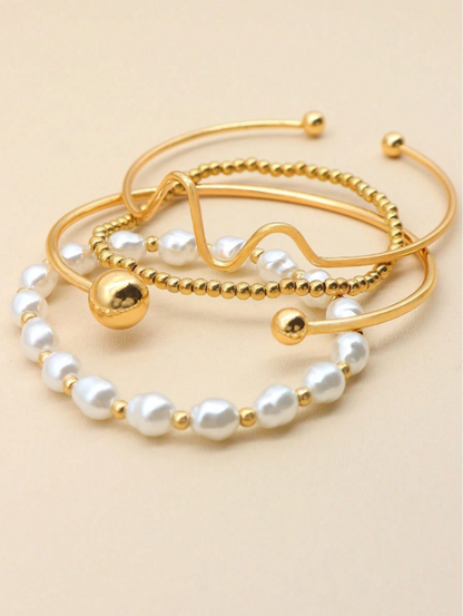 4pcs Asymmetrical Chain Beaded Bracelet Set in Gold & Silver | Faux Pearl Stackable Bangles