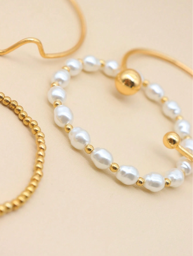 4pcs Asymmetrical Chain Beaded Bracelet Set in Gold & Silver | Faux Pearl Stackable Bangles