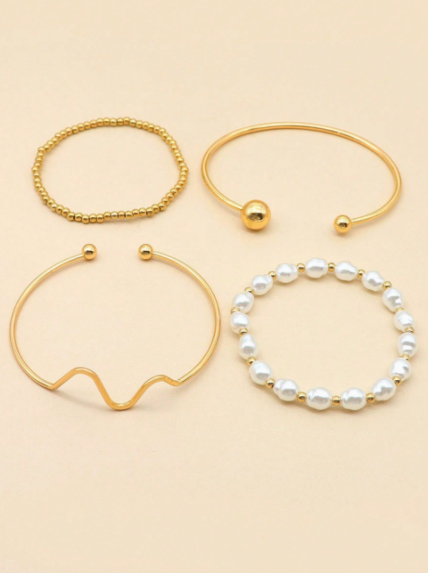 4pcs Asymmetrical Chain Beaded Bracelet Set in Gold & Silver | Faux Pearl Stackable Bangles