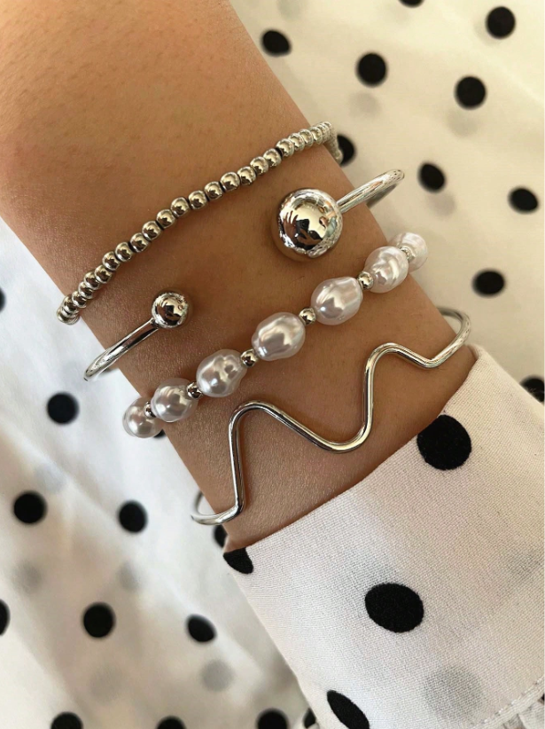 4pcs Asymmetrical Chain Beaded Bracelet Set in Gold & Silver | Faux Pearl Stackable Bangles