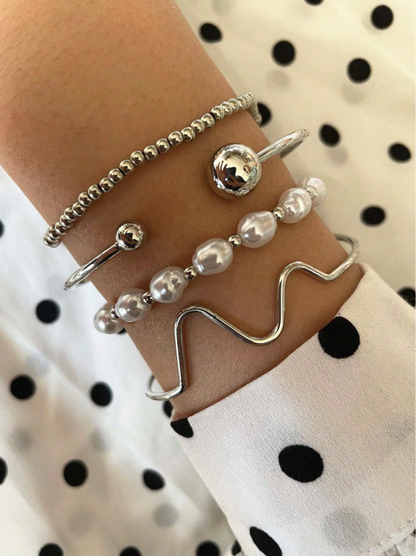 4pcs Asymmetrical Chain Beaded Bracelet Set in Gold & Silver | Faux Pearl Stackable Bangles