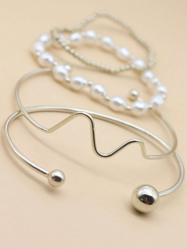 4pcs Asymmetrical Chain Beaded Bracelet Set in Gold & Silver | Faux Pearl Stackable Bangles