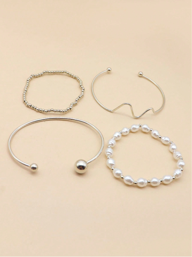 4pcs Asymmetrical Chain Beaded Bracelet Set in Gold & Silver | Faux Pearl Stackable Bangles