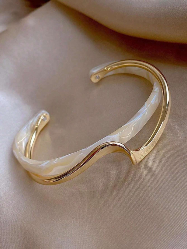 Luxury White Pearl Plate Twisted Metal Bangle Bracelet | Textured Gold-Tone Statement Cuff for Everyday & Holiday Wear