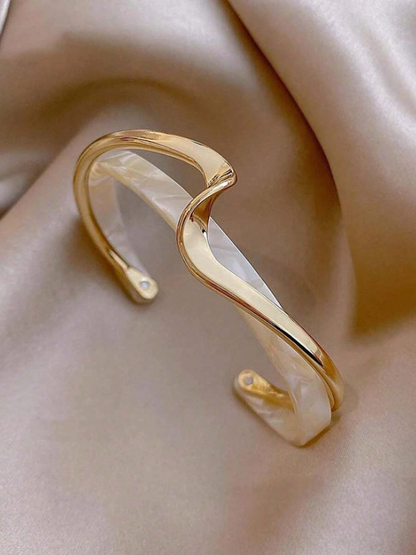 Luxury White Pearl Plate Twisted Metal Bangle Bracelet | Textured Gold-Tone Statement Cuff for Everyday & Holiday Wear