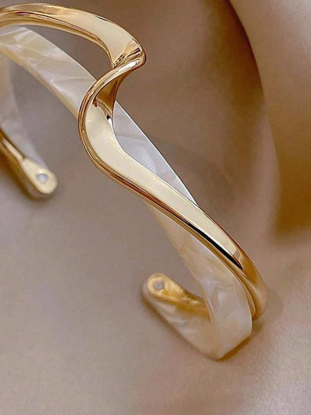 Luxury White Pearl Plate Twisted Metal Bangle Bracelet | Textured Gold-Tone Statement Cuff for Everyday & Holiday Wear