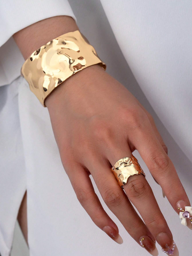 Elegant Metal Bangle Bracelet & Ring Set | Gold & Platinum Finish Statement Jewelry