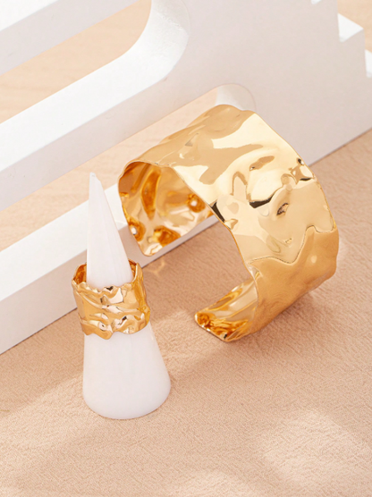 Elegant Metal Bangle Bracelet & Ring Set | Gold & Platinum Finish Statement Jewelry