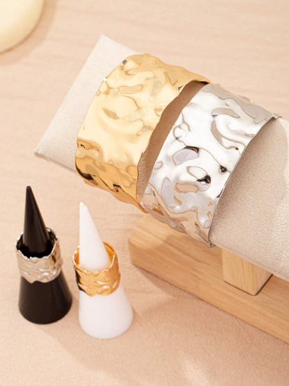 Elegant Metal Bangle Bracelet & Ring Set | Gold & Platinum Finish Statement Jewelry