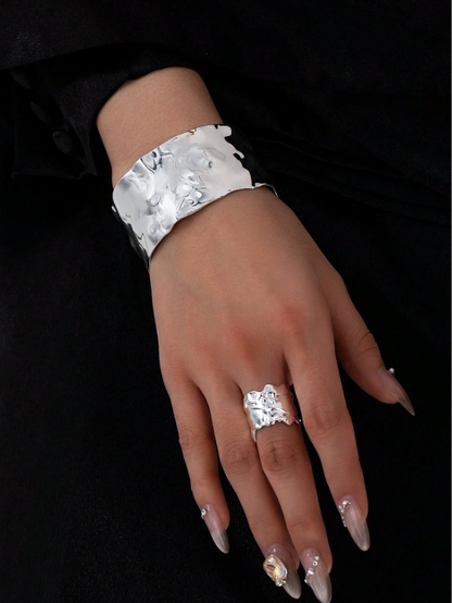 Elegant Metal Bangle Bracelet & Ring Set | Gold & Platinum Finish Statement Jewelry