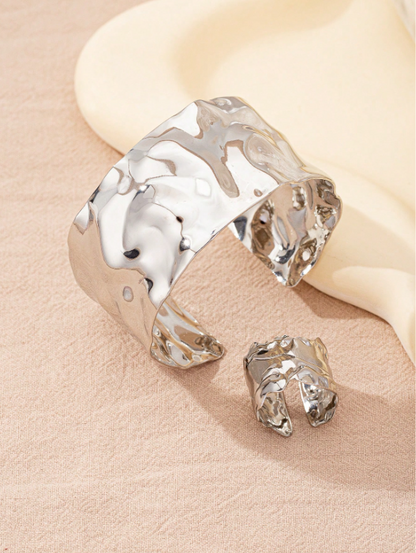 Elegant Metal Bangle Bracelet & Ring Set | Gold & Platinum Finish Statement Jewelry